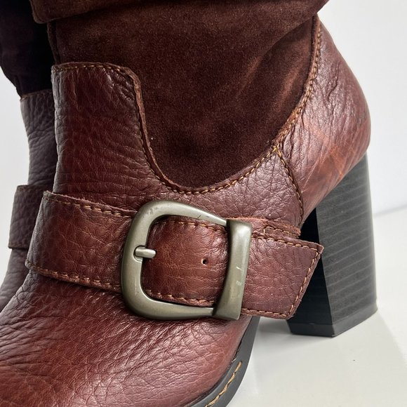 BOC BORN Chocolate Brown Leather Boho Buckle Pull On Mid Calf Block Heel Boots - Picture 6 of 14